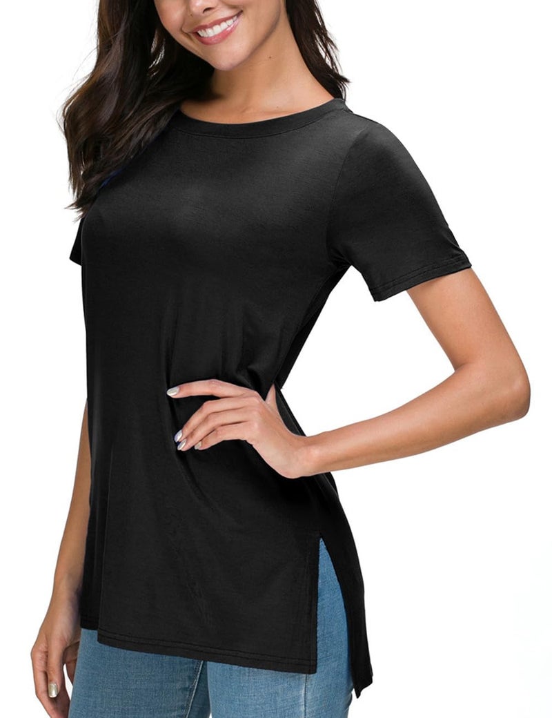 Herou Women Casual Summer Short Sleeve Tops High Low Hem T-Shirts Tees with Side Split Black Medium - Image 1